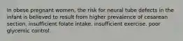 In obese pregnant women, the risk for neural tube defects in the infant is believed to result from higher prevalence of cesarean section. insufficient folate intake. insufficient exercise. poor glycemic control.