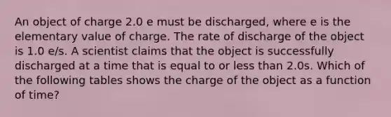 An object of charge 2.0 e must be discharged, where e is the elementary value of charge. The rate of discharge of the object is 1.0 e/s. A scientist claims that the object is successfully discharged at a time that is equal to or less than 2.0s. Which of the following tables shows the charge of the object as a function of time?