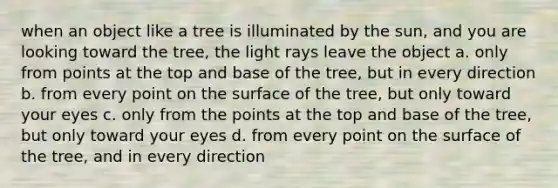 when an object like a tree is illuminated by the sun, and you are looking toward the tree, the light rays leave the object a. only from points at the top and base of the tree, but in every direction b. from every point on the surface of the tree, but only toward your eyes c. only from the points at the top and base of the tree, but only toward your eyes d. from every point on the surface of the tree, and in every direction