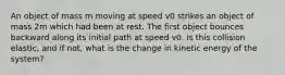 An object of mass m moving at speed v0 strikes an object of mass 2m which had been at rest. The first object bounces backward along its initial path at speed v0. Is this collision elastic, and if not, what is the change in kinetic energy of the system?