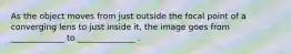 As the object moves from just outside the focal point of a converging lens to just inside it, the image goes from _____________ to ______________ .