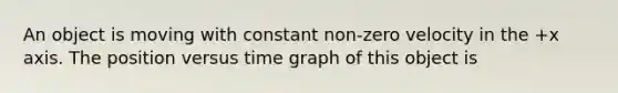 An object is moving with constant non-zero velocity in the +x axis. The position versus time graph of this object is