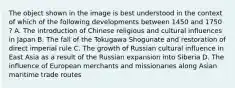 The object shown in the image is best understood in the context of which of the following developments between 1450 and 1750 ? A. The introduction of Chinese religious and cultural influences in Japan B. The fall of the Tokugawa Shogunate and restoration of direct imperial rule C. The growth of Russian cultural influence in East Asia as a result of the Russian expansion into Siberia D. The influence of European merchants and missionaries along Asian maritime trade routes