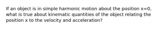 If an object is in simple harmonic motion about the position x=0, what is true about kinematic quantities of the object relating the position x to the velocity and acceleration?