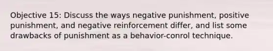 Objective 15: Discuss the ways negative punishment, positive punishment, and negative reinforcement differ, and list some drawbacks of punishment as a behavior-conrol technique.