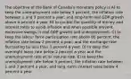 The objective of the Bank of Canadaʹs monetary policy is A) to keep the unemployment rate below 5 percent, the inflation rate between 1 and 3 percent a year, and long-term real GDP growth above 4 percent a year. B) to control the quantity of money and interest rates to avoid inflation and when possible prevent excessive swings in real GDP growth and unemployment. C) to keep the labour force participation rate above 80 percent, the inflation rate below 2 percent a year, and the exchange rate fluctuating by less than 3 percent a year. D) to keep the overnight loans rate below 2 percent a year and the unemployment rate at its natural rate. E) to keep the unemployment rate below 5 percent, the inflation rate between 1 and 3 percent a year, and long -term interest rates below 4 percent a year.