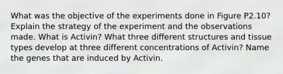 What was the objective of the experiments done in Figure P2.10? Explain the strategy of the experiment and the observations made. What is Activin? What three different structures and tissue types develop at three different concentrations of Activin? Name the genes that are induced by Activin.