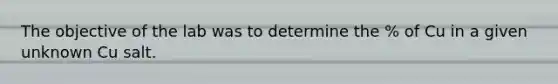 The objective of the lab was to determine the % of Cu in a given unknown Cu salt.