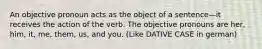 An objective pronoun acts as the object of a sentence—it receives the action of the verb. The objective pronouns are her, him, it, me, them, us, and you. (Like DATIVE CASE in german)