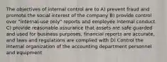 The objectives of internal control are to A) prevent fraud and promote the social interest of the company B) provide control over "internal-use only" reports and employee internal conduct C) provide reasonable assurance that assets are safe guarded and used for business purposes, financial reports are accurate, and laws and regulations are complied with D) Control the internal organization of the accounting department personnel and equipment