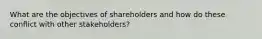 What are the objectives of shareholders and how do these conflict with other stakeholders?