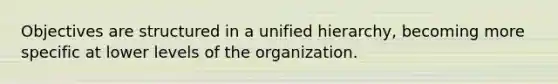 Objectives are structured in a unified hierarchy, becoming more specific at lower levels of the organization.