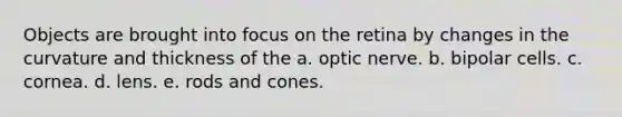 Objects are brought into focus on the retina by changes in the curvature and thickness of the a. optic nerve. b. bipolar cells. c. cornea. d. lens. e. rods and cones.