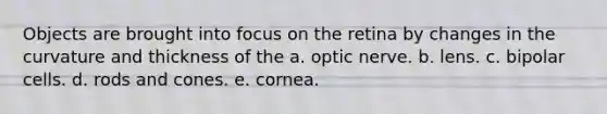 Objects are brought into focus on the retina by changes in the curvature and thickness of the a. optic nerve. b. lens. c. bipolar cells. d. rods and cones. e. cornea.