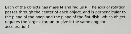 Each of the objects has mass M and radius R. The axis of rotation passes through the center of each object, and is perpendicular to the plane of the hoop and the plane of the flat disk. Which object requires the largest torque to give it the same angular acceleration?