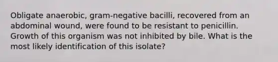 Obligate anaerobic, gram-negative bacilli, recovered from an abdominal wound, were found to be resistant to penicillin. Growth of this organism was not inhibited by bile. What is the most likely identification of this isolate?