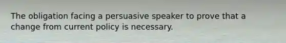 The obligation facing a persuasive speaker to prove that a change from current policy is necessary.