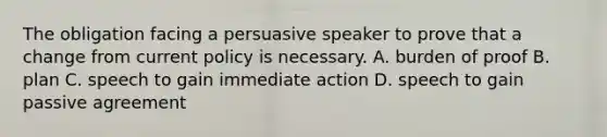 The obligation facing a persuasive speaker to prove that a change from current policy is necessary. A. burden of proof B. plan C. speech to gain immediate action D. speech to gain passive agreement