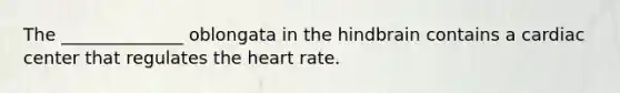 The ______________ oblongata in the hindbrain contains a cardiac center that regulates <a href='https://www.questionai.com/knowledge/kya8ocqc6o-the-heart' class='anchor-knowledge'>the heart</a> rate.