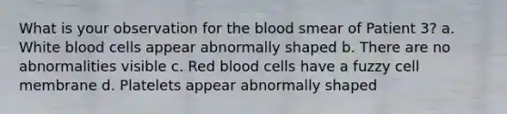 What is your observation for the blood smear of Patient 3? a. White blood cells appear abnormally shaped b. There are no abnormalities visible c. Red blood cells have a fuzzy cell membrane d. Platelets appear abnormally shaped