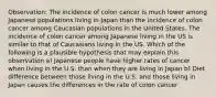 Observation: The incidence of colon cancer is much lower among Japanese populations living in Japan than the incidence of colon cancer among Caucasian populations in the United States. The incidence of colon cancer among Japanese living in the US is similar to that of Caucasians living in the US. Which of the following is a plausible hypothesis that may explain this observation a) Japanese people have higher rates of cancer when living in the U.S. than when they are living in Japan b) Diet difference between those living in the U.S. and those living in Japan causes the differences in the rate of colon cancer