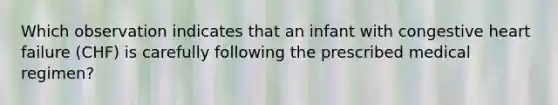 Which observation indicates that an infant with congestive <a href='https://www.questionai.com/knowledge/kSfZ7K0QMT-heart-failure' class='anchor-knowledge'>heart failure</a> (CHF) is carefully following the prescribed medical regimen?