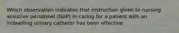 Which observation indicates that instruction given to nursing assistive personnel (NAP) in caring for a patient with an indwelling urinary catheter has been effective