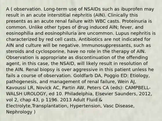 A ( observation. Long-term use of NSAIDs such as ibuprofen may result in an acute interstitial nephritis (AIN). Clinically this presents as an acute renal failure with WBC casts. Proteinuria is common. Unlike other types of drug induced AIN; fever, and eosinophilia and eosinophiluria are uncommon. Lupus nephritis is characterized by red cell casts. Antibiotics are not indicated for AIN and culture will be negative. Immunosuppressants, such as steroids and cyclosporine, have no role in the therapy of AIN. Observation is appropriate as discontinuation of the offending agent, in this case, the NSAID, will likely result in resolution of the AIN. Renal biopsy is over aggressive in this patient unless he fails a course of observation. Goldfarb DA, Poggio ED: Etiology, pathogenesis, and management of renal failure, Wein AJ, Kavoussi LR, Novick AC, Partin AW, Peters CA (eds): CAMPBELL-WALSH UROLOGY, ed 10. Philadelphia, Elsevier Saunders, 2012, vol 2, chap 43, p 1196. 2013 Adult Fluid & Electrolyte,Transplantation, Hypertension, Vasc Disease, Nephrology )