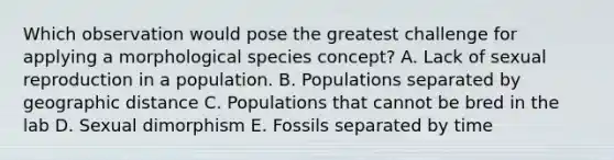 Which observation would pose the greatest challenge for applying a morphological species concept? A. Lack of sexual reproduction in a population. B. Populations separated by geographic distance C. Populations that cannot be bred in the lab D. Sexual dimorphism E. Fossils separated by time