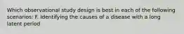 Which observational study design is best in each of the following scenarios: F. Identifying the causes of a disease with a long latent period