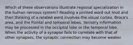 Which of these observations illustrate regional specialization in the human nervous system? Reading a printed word out loud and then thinking of a related word involves the visual cortex, Broca's area, and the frontal and temporal lobes. Sensory information may be processed in the occipital lobe or the temporal lobe. When the activity of a synapse fails to correlate with that of other synapses, the synaptic connection may become weaker.