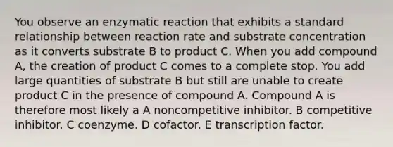 You observe an enzymatic reaction that exhibits a standard relationship between reaction rate and substrate concentration as it converts substrate B to product C. When you add compound A, the creation of product C comes to a complete stop. You add large quantities of substrate B but still are unable to create product C in the presence of compound A. Compound A is therefore most likely a A noncompetitive inhibitor. B competitive inhibitor. C coenzyme. D cofactor. E transcription factor.