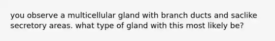 you observe a multicellular gland with branch ducts and saclike secretory areas. what type of gland with this most likely be?