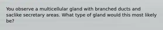 You observe a multicellular gland with branched ducts and saclike secretary areas. What type of gland would this most likely be?