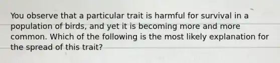 You observe that a particular trait is harmful for survival in a population of birds, and yet it is becoming more and more common. Which of the following is the most likely explanation for the spread of this trait?