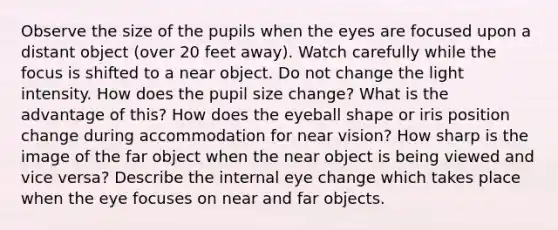 Observe the size of the pupils when the eyes are focused upon a distant object (over 20 feet away). Watch carefully while the focus is shifted to a near object. Do not change the light intensity. How does the pupil size change? What is the advantage of this? How does the eyeball shape or iris position change during accommodation for near vision? How sharp is the image of the far object when the near object is being viewed and vice versa? Describe the internal eye change which takes place when the eye focuses on near and far objects.