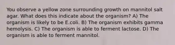 You observe a yellow zone surrounding growth on mannitol salt agar. What does this indicate about the organism? A) The organism is likely to be E.coli. B) The organism exhibits gamma hemolysis. C) The organism is able to ferment lactose. D) The organism is able to ferment mannitol.