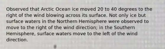 Observed that Arctic Ocean ice moved 20 to 40 degrees to the right of the wind blowing across its surface. Not only ice but surface waters in the Northern Hemisphere were observed to move to the right of the wind direction; in the Southern Hemisphere, surface waters move to the left of the wind direction.