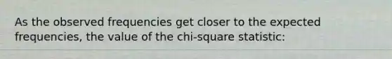 As the observed frequencies get closer to the expected frequencies, the value of the chi-square statistic: