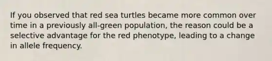 If you observed that red sea turtles became more common over time in a previously all-green population, the reason could be a selective advantage for the red phenotype, leading to a change in allele frequency.