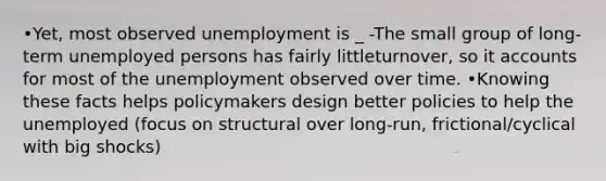 •Yet, most observed unemployment is _ -The small group of long-term unemployed persons has fairly littleturnover, so it accounts for most of the unemployment observed over time. •Knowing these facts helps policymakers design better policies to help the unemployed (focus on structural over long-run, frictional/cyclical with big shocks)