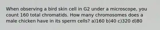 When observing a bird skin cell in G2 under a microscope, you count 160 total chromatids. How many chromosomes does a male chicken have in its sperm cells? a)160 b)40 c)320 d)80