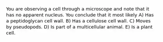 You are observing a cell through a microscope and note that it has no apparent nucleus. You conclude that it most likely A) Has a peptidoglycan cell wall. B) Has a cellulose cell wall. C) Moves by pseudopods. D) Is part of a multicellular animal. E) Is a plant cell.