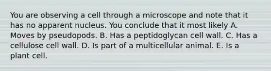 You are observing a cell through a microscope and note that it has no apparent nucleus. You conclude that it most likely A. Moves by pseudopods. B. Has a peptidoglycan cell wall. C. Has a cellulose cell wall. D. Is part of a multicellular animal. E. Is a plant cell.