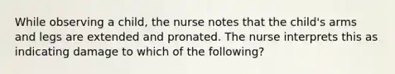 While observing a child, the nurse notes that the child's arms and legs are extended and pronated. The nurse interprets this as indicating damage to which of the following?