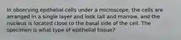 In observing epithelial cells under a microscope, the cells are arranged in a single layer and look tall and marrow, and the nucleus is located close to the basal side of the cell. The specimen is what type of epithelial tissue?