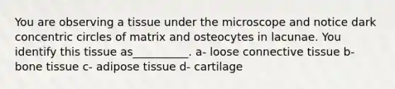 You are observing a tissue under the microscope and notice dark concentric circles of matrix and osteocytes in lacunae. You identify this tissue as__________. a- loose connective tissue b- bone tissue c- adipose tissue d- cartilage