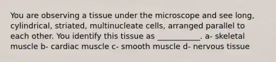 You are observing a tissue under the microscope and see long, cylindrical, striated, multinucleate cells, arranged parallel to each other. You identify this tissue as ___________. a- skeletal muscle b- cardiac muscle c- smooth muscle d- nervous tissue