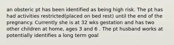 an obsteric pt has been identified as being high risk. The pt has had activities restricted(placed on bed rest) until the end of the pregnancy. Currently she is at 32 wks gestation and has two other children at home, ages 3 and 6 . The pt husband works at potentially identifies a long term goal