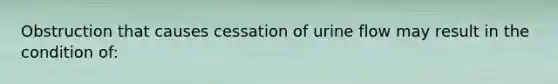 Obstruction that causes cessation of urine flow may result in the condition of: